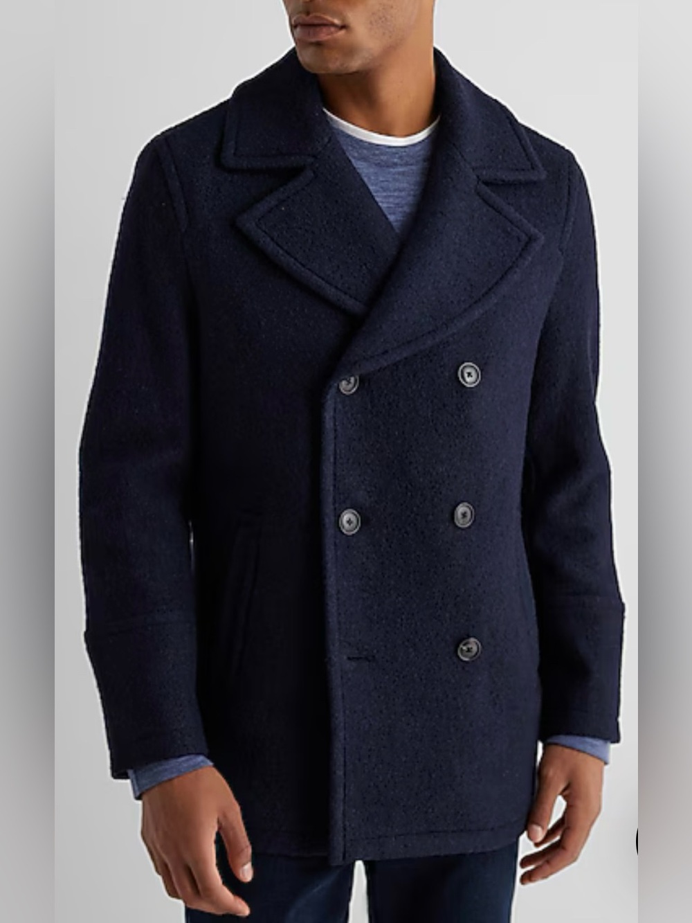 express Navy Double Breasted Texture Boucle Wool-Blend Peacoat men Small NEW NWT